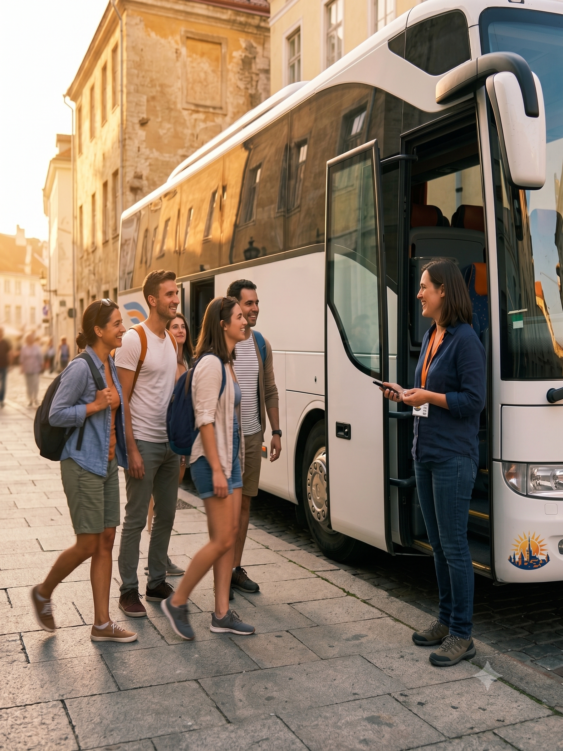 A group of tourists boarding a tour bus, greeted by their guide