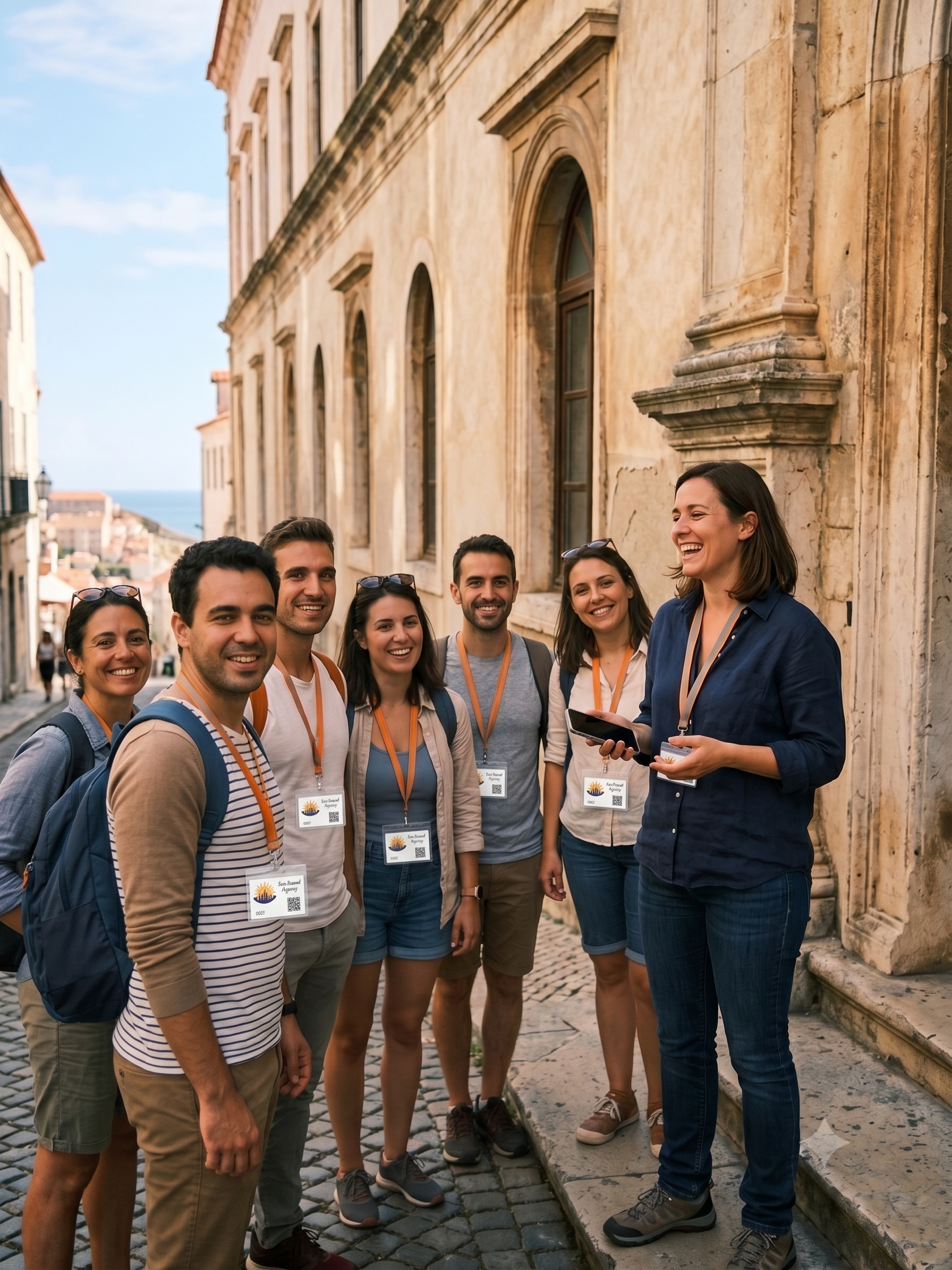 A tour guide with a small group of tourists, all wearing TourPass badges